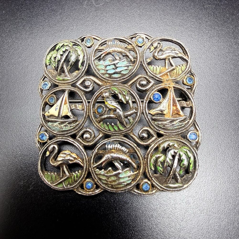 Vntg Florida Souvenir Tourist Brooch Enamel Metal Flamingo Palms Boats Swordfish